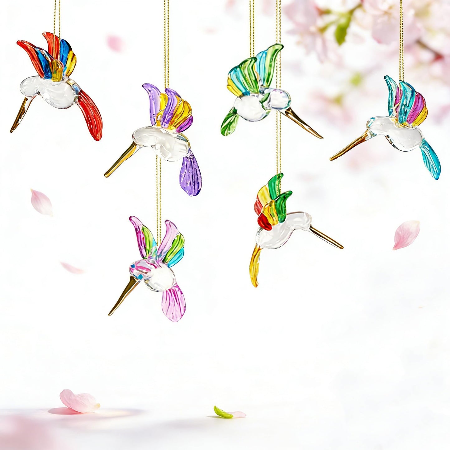 6Pcs Hand Blown Glass Hummingbird 1.3''*2.7'' Small Hanging Ornaments Crystal Humming Bird Figurines Collectible Decor for Home