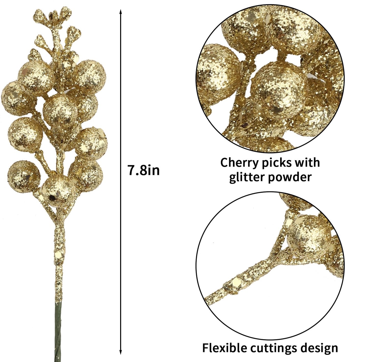 DIYASY Champagne Glitter Berry Stems,20Pcs Artificial Xmas Picks and Sprays Christmas Tree Filler Branches Ornaments Holiday Wreath Garland Decorations Home Décor 7.8 Inch