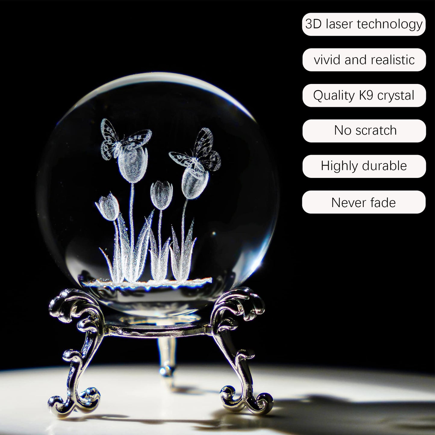 HDCRYSTALGIFTS 3D Laser Crystal Tulip Ball with Butterflies Paperweight - 60mm Engraving Decorative Balls Glass Full Sphere Figurine Decor