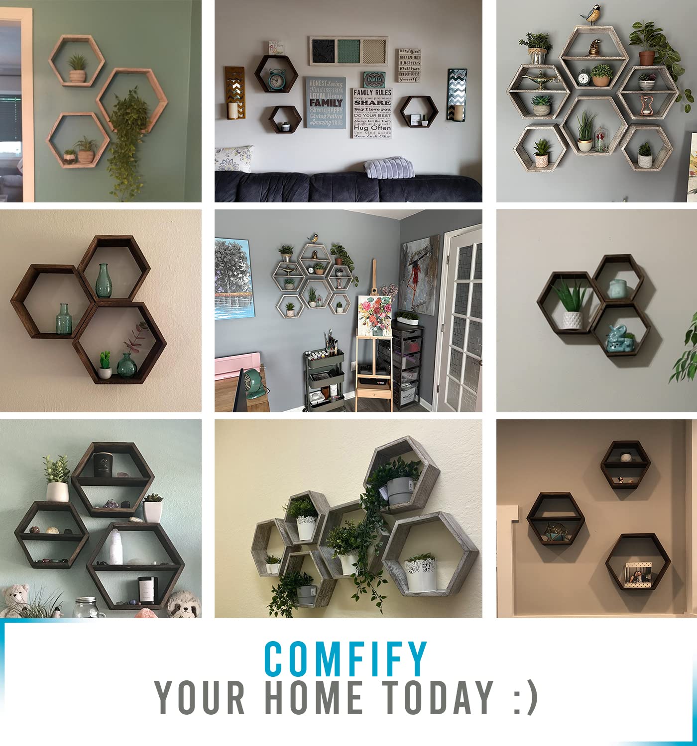Comfify Rustic Wall Mounted Hexagonal Floating Shelves – Set of 3 Honeycomb Shelves - Farmhouse Decor – Honeycomb Wall Decor - Rustic White