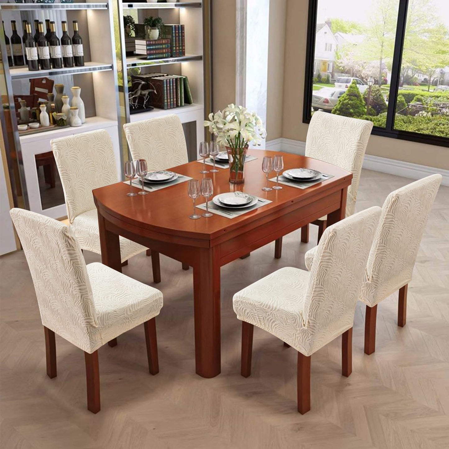 YUEANG Dining Chair Covers, Chair Covers for Dining Room Stretch Parsons Chair Slipcover, for Dining Room Kitchen Chair Protector Cover, Removable, Washable (Beige, 6 Pack)