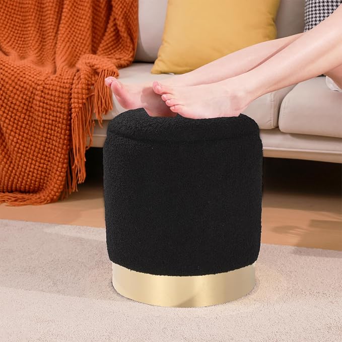 Round Ottoman with Storage Set of 2 Vanity Stool Foot Rest with Removable Lid for Bedroom Black Sherpa Storage Ottoman Stool for Living Room and Dorm Space Saving Assembly Free(Sherpa Black)