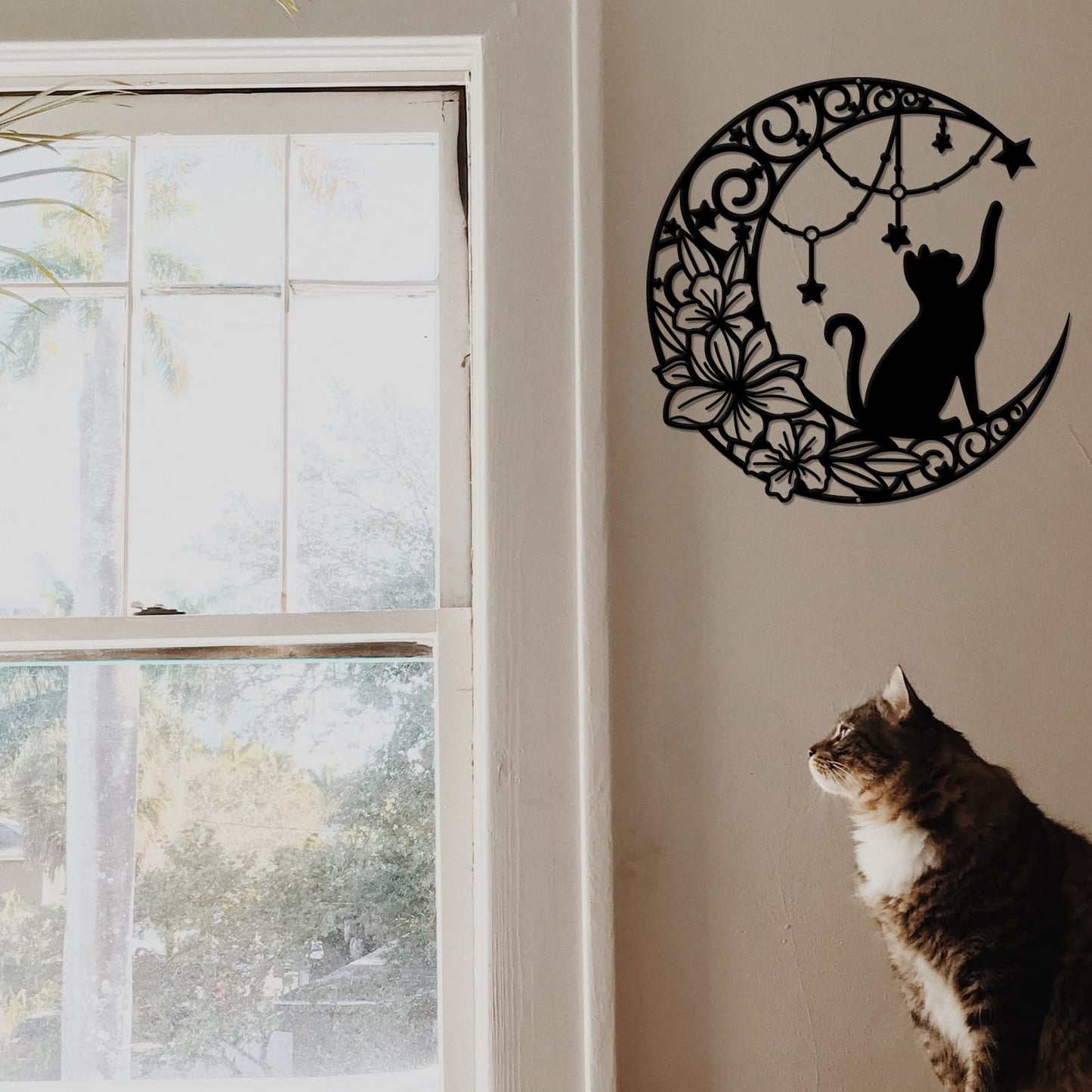 NBEADS Cat Metal Wall Art Decor, 11.8" Moon and Cat Black Wall Hanging Decor Silhouette Wall Art for Home Bedroom Living Room Bathroom Kitchen Office Garden Hotel Wall Decoration
