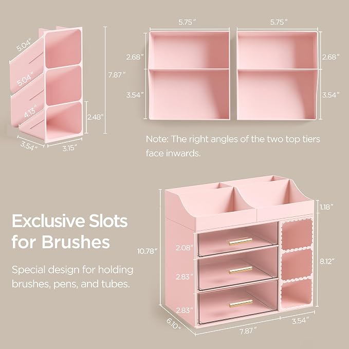 HBlife Makeup Organizer Countertop with Brush Holder,Large Bathroom Counter Organizer with Drawers,Skincare Organizers for Vanity,Plastic Dresser Organizer Storage Gift for Women Girl Mom,Pink