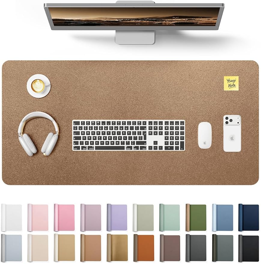 YSAGi Leather Desk Protector, Office Mat, Large Mouse Mat, Non-Slip PU Leather Blotter, Laptop Pad, Waterproof Writing Pad for Office and Home (Shiny Bronze, 31.5" x 15.8")