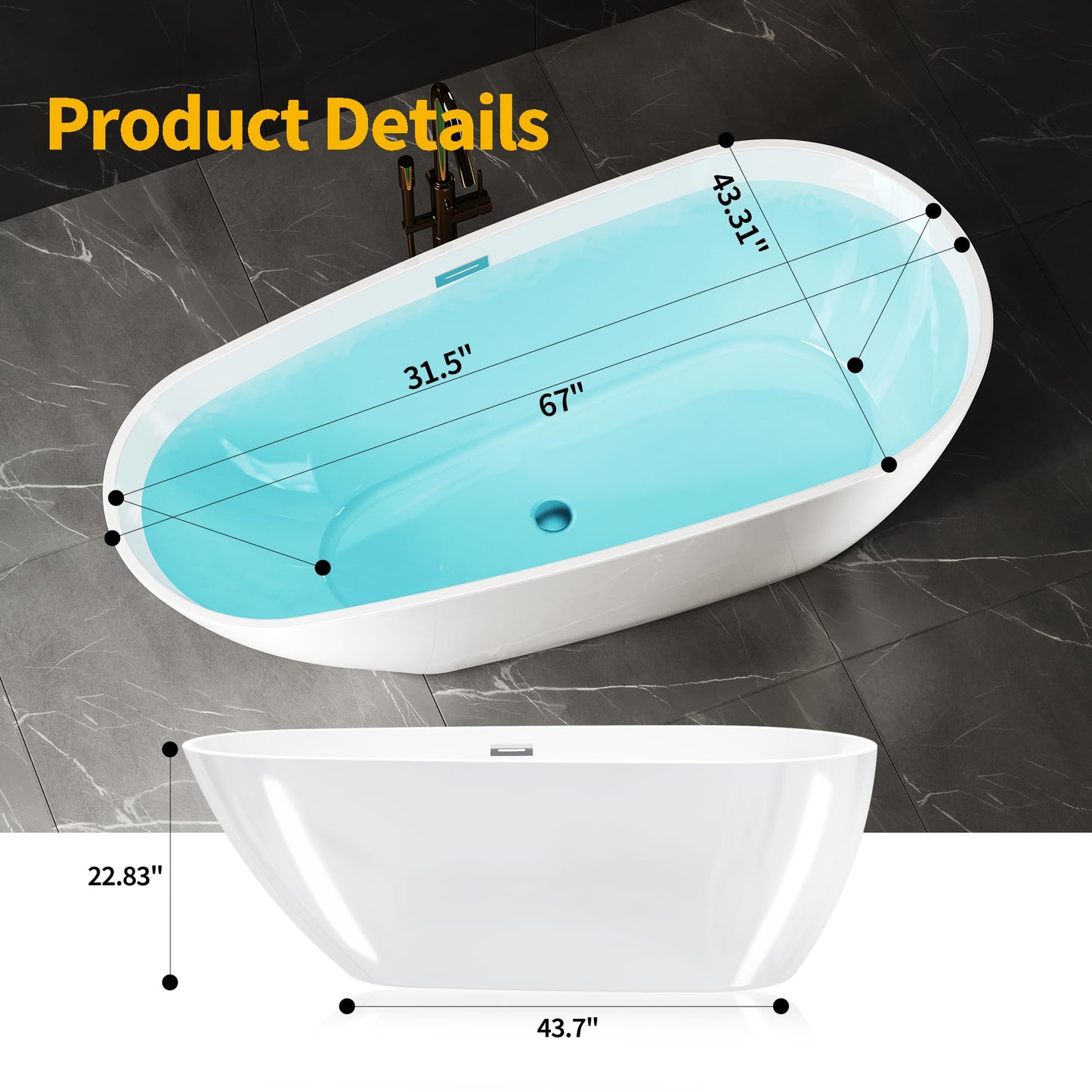 Freestanding Bathtub, Acrylic, Deep Soaking, Modern Upright Bathtub with Matte Drain and Black Overflow, Durable Double Wall, Freestanding for Bathroom, 67'', White