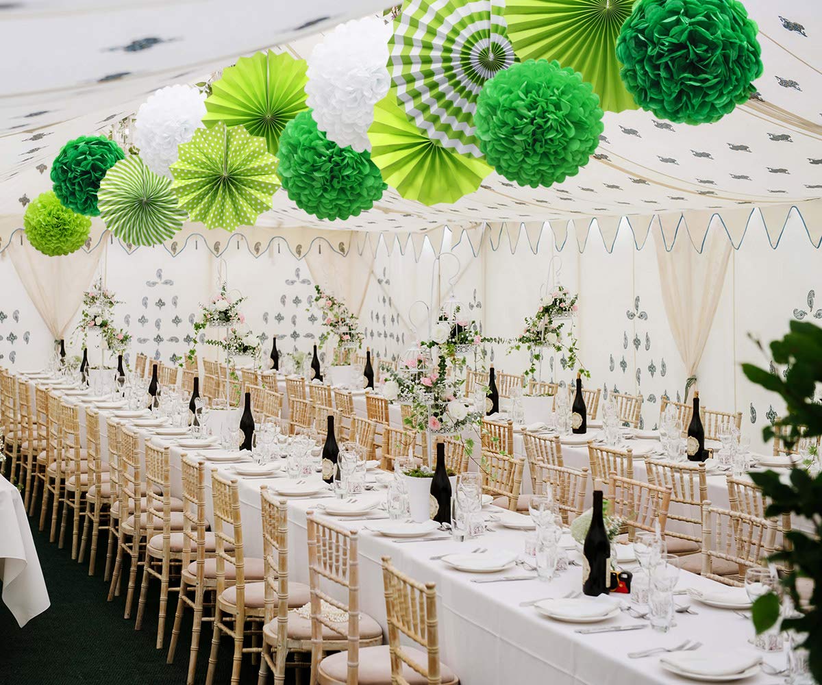 ADLKGG Green St Patricks Day Party Decorations, Hanging Round Paper Fans Pom Poms Flowers for Graduation Wedding Bridal Shower, Golf Themed Birthday, Fiesta Party Indoor Outdoor Accessories