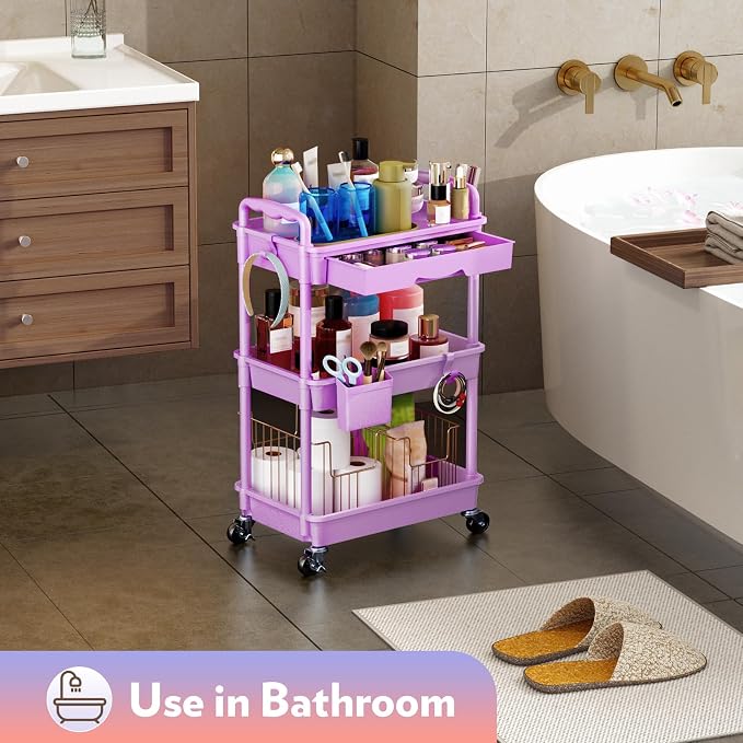 SUNALLY Makeup Cart Organizer with Drawers, Floor Skincare Organizers Vanity Storage Organizer, Rolling Makeup Bathroom Storage Cart Cosmetics Display Cases for Skin Care Perfume Nail Polish, Purple
