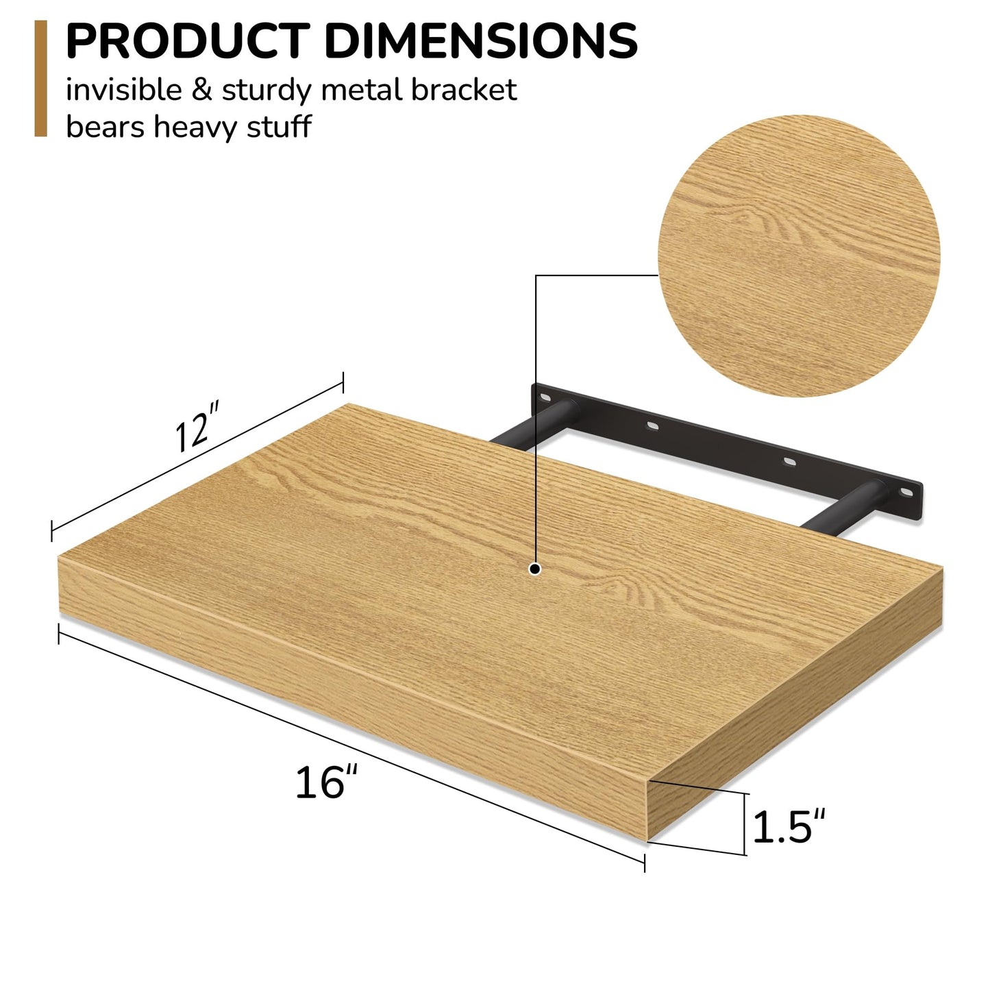 Fun Memories Floating Shelves - 2 Pack 12 Inch Rustic Wooden Wall Shelves - Extra Deeper & Thicker Wall Mounted Storage Shelf for Living Room, Kitchen, Farmhouse - 16" W x 12" D x 1.5" H - Oak