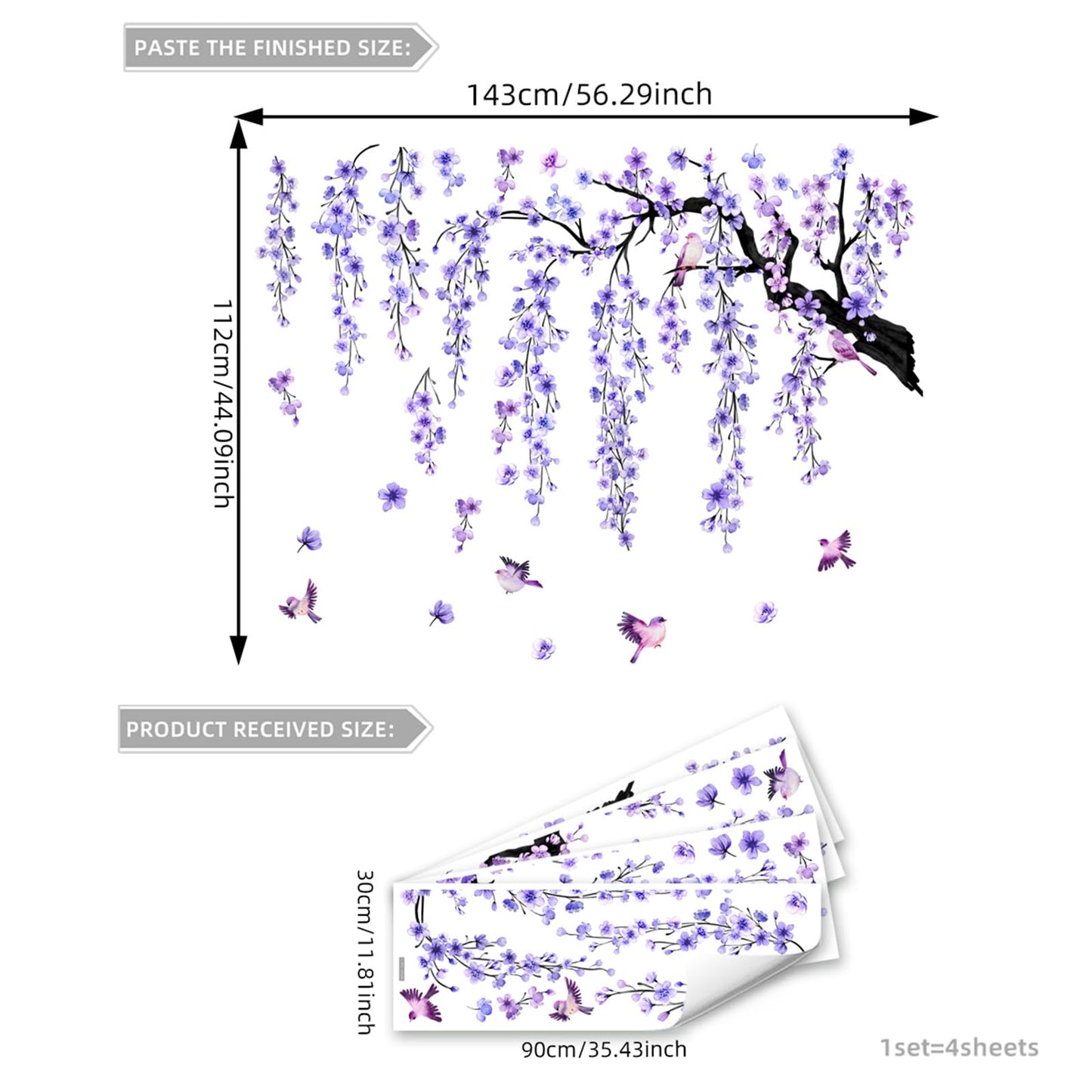 Lilac Wall Decoration Large Cherry Blossom Tree Wall Stickers, 4 Sheets Spring Purple Flower Bird Wall Decals Peel and Stick Wall Murals Decor for Living Room Bedroom (Purple, 11.8 * 35.4inch)