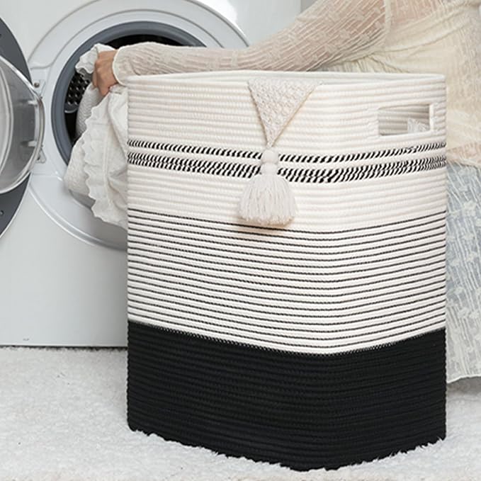 80L Large Cotton Rope Laundry Basket for Bedroom & Laundry Room, Tall Clothes Hamper with Sturdy Handles, Neutral Storage Bin Capable of Holding Blankets and Toys
