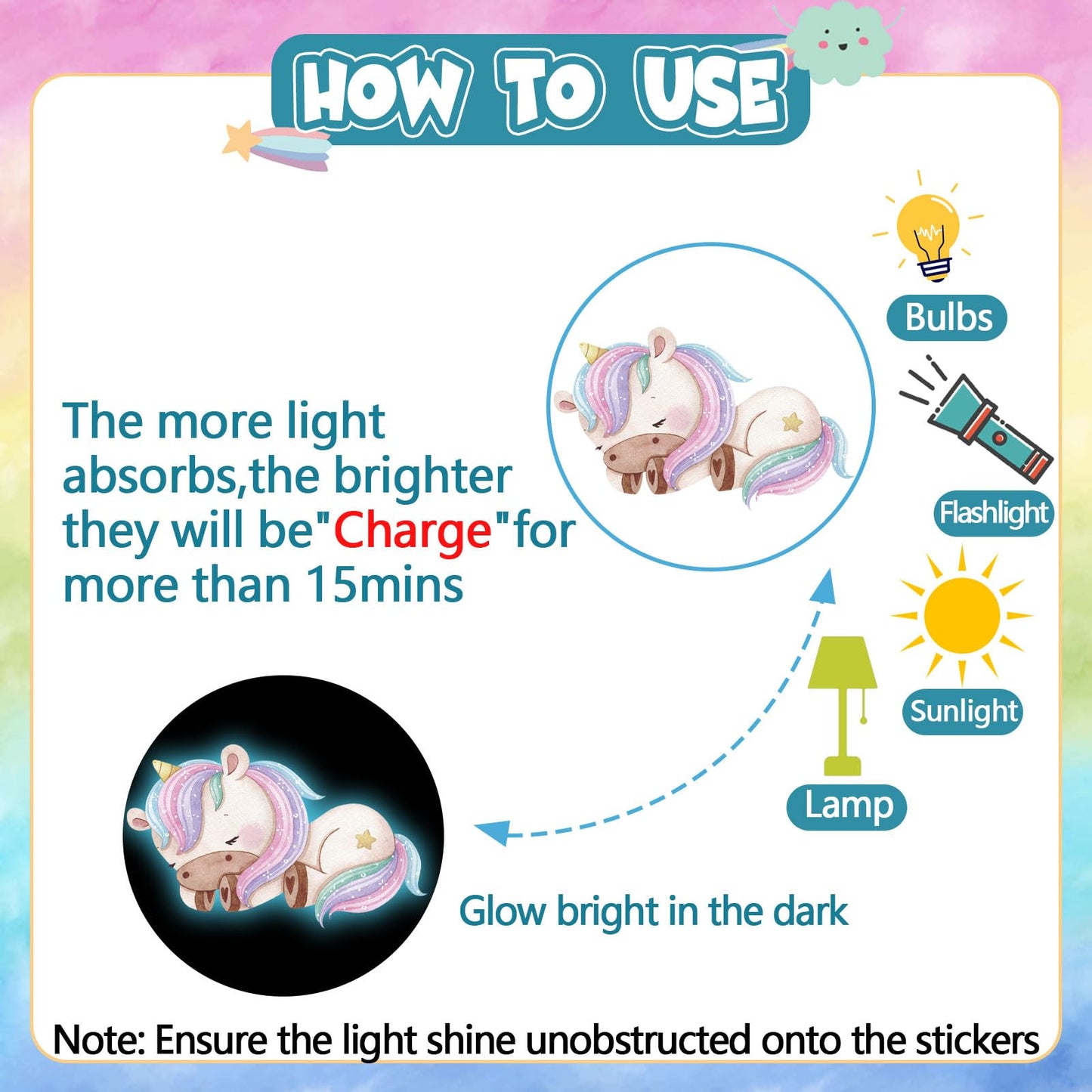 Glow in The Dark Large Rainbow and Unicorn Wall Decals,Glowing Luminous Star Butterfly Wall Stickers Removable Rainbow Unicorn Decals for Girls Bedroom Baby Nursery Living Room Decoration