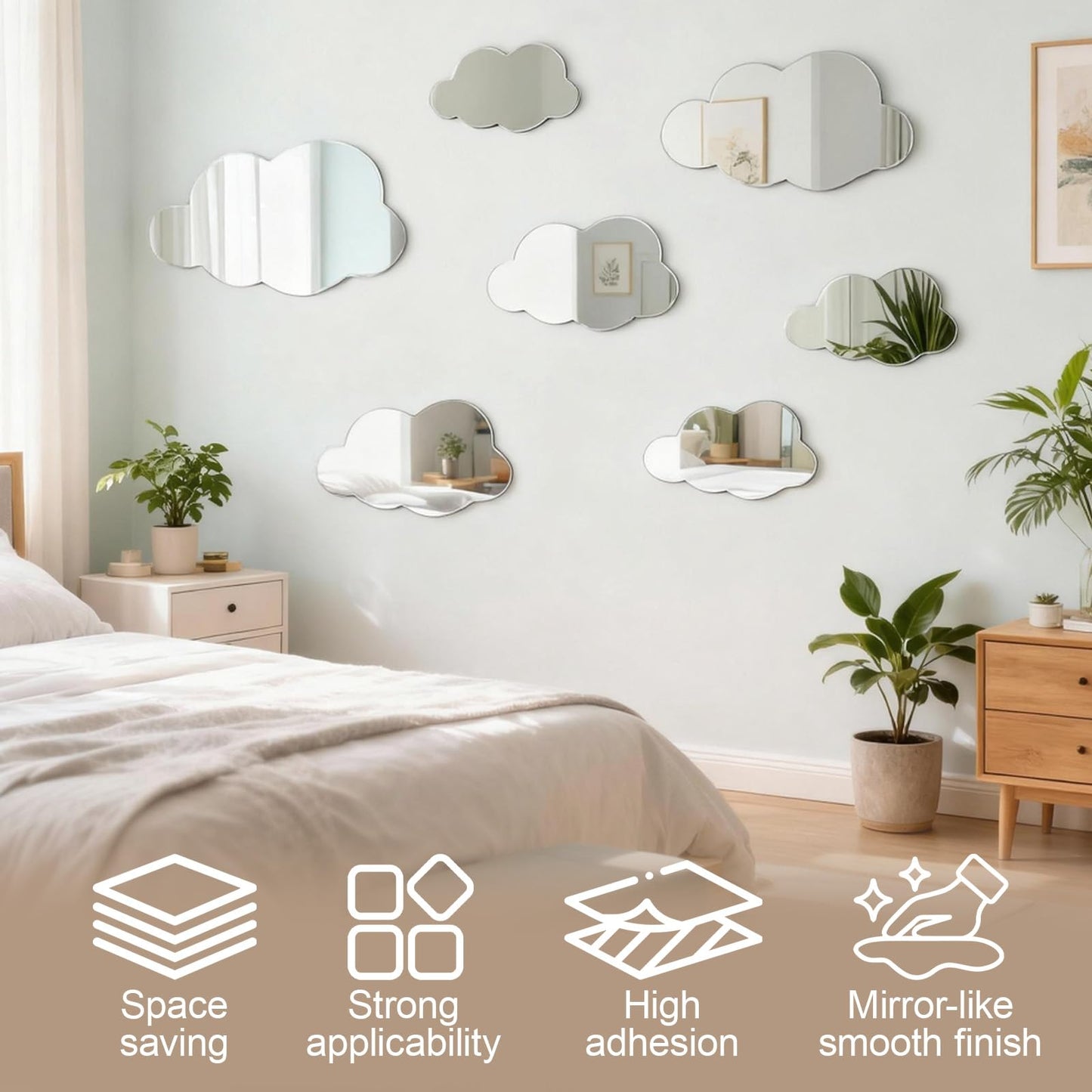 8 Pcs 3D Acrylic Cloud Mirror Wall Stickers Decorative Self Adhesive Cloud Mirror Decals for Classroom Kids Bedroom Playroom Living Room Nursery Wall Decor
