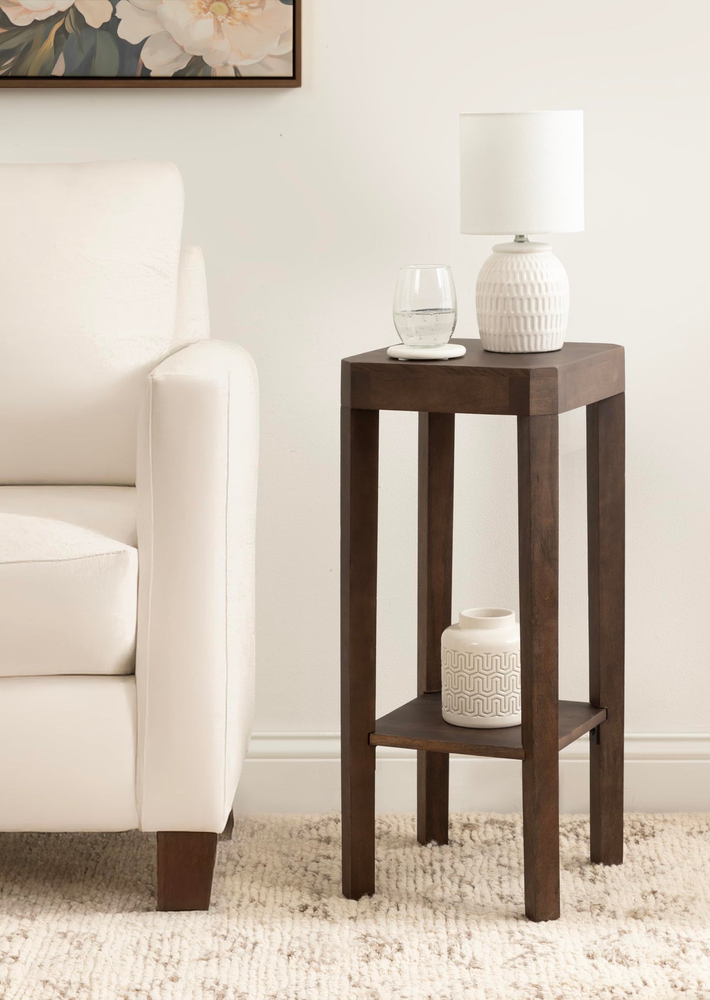 Kate and Laurel Talcott Modern Square Wood Drink Table, 12 x 12 x 28, Dark Brown, Transitional Decorative Two-Tier Pedestal Table for Use as Plant Stand Indoors or Living Room Decor Accent