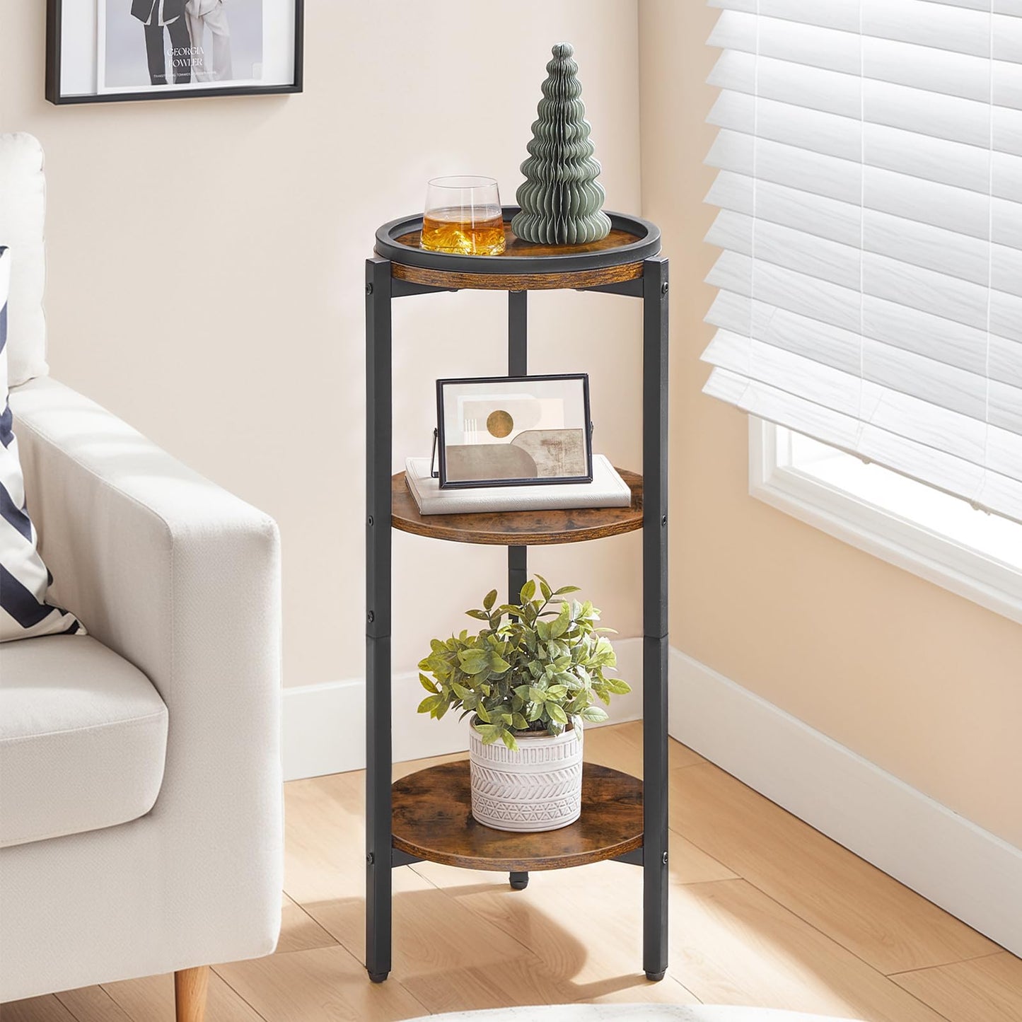 HOOBRO Small Round Side Table, 3-Tier Tall Coffee Drink Table for Sofa Couch, 28.7" H Slim Nightstand, Circle Accent End Table for Living Room, Corner, Bedroom, Rustic Brown BF182BZ01