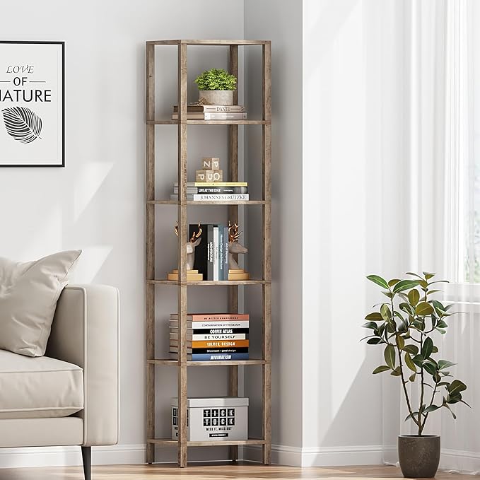 TUTOTAK Bookshelf, 6-Tier Tall Book Shelf, Narrow Bookcase for Small Space, DIY Stackable Bookshelf, for Living Room, Office, Study, Entryway, Industrial, Pure Greige BS01BG006G