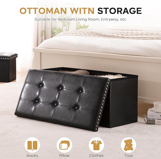 oakvivo Folding Storage Ottoman Bench 30in, Leather Foot Rest Stools Ottoman with Storage, Coffee Table, End of Bed Bench Footstool for Living Room, Bedroom, Load 330 lb, 30x15x15 inches, Black