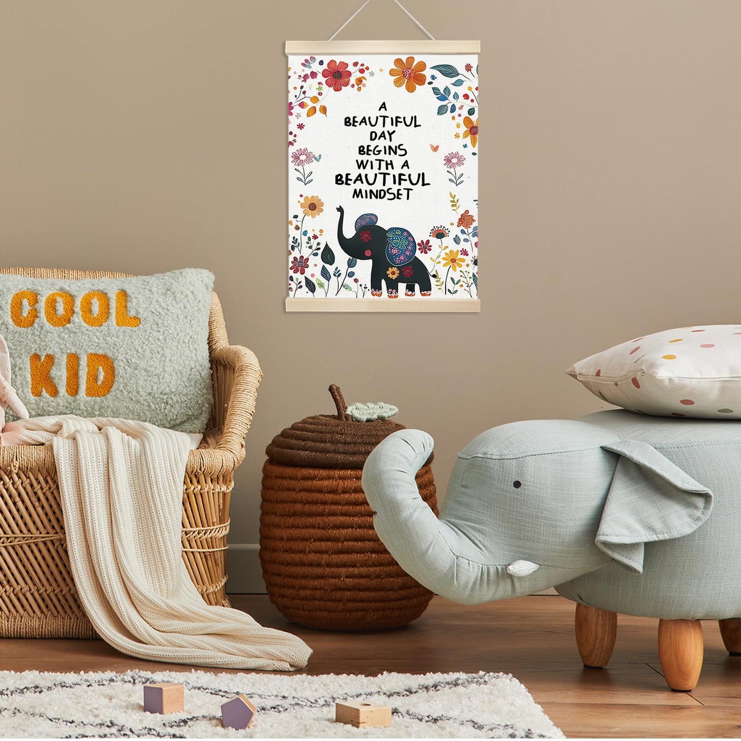 Xmsaitar Inspirational Elephant Floral Poster Hanger Frame Wall Decor, Nursery Mental Health Prints for Wall Decor Art, Rustic Flower Pictures Hanging for Girly Room Dorm Playroom 12x16in