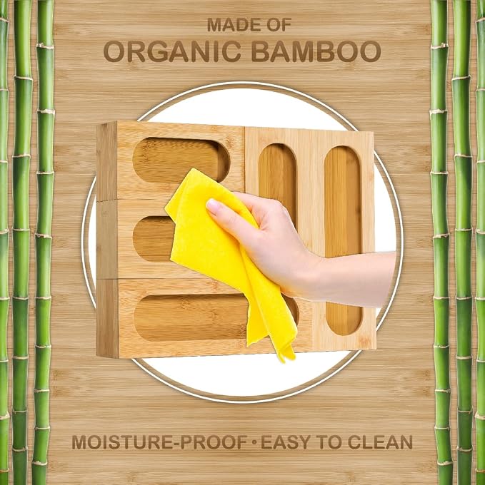 Bartnelli Sandwich bag organizer for Baggie Storage Organization, 5 PC Premium Bamboo Kitchen Drawer Organizer, Bag Holder Dispenser