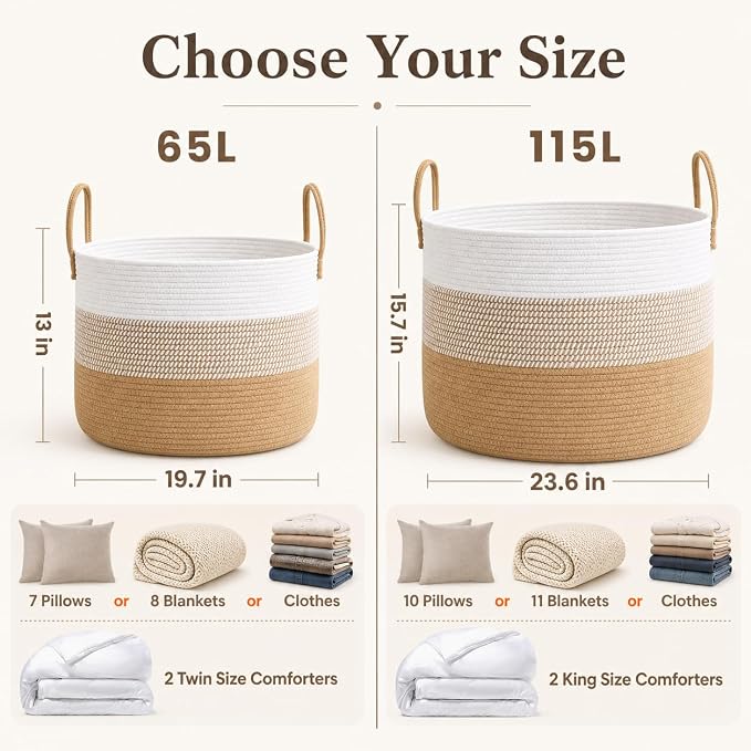 JMvicyroam 65L Extra Large Blanket Basket for Living Room - Woven Cotton Rope Laundry Hamper with Reinforced Handles - Storage Bin for Pillows, Comforters & Toys - Machine Washable,White&Jute Mix