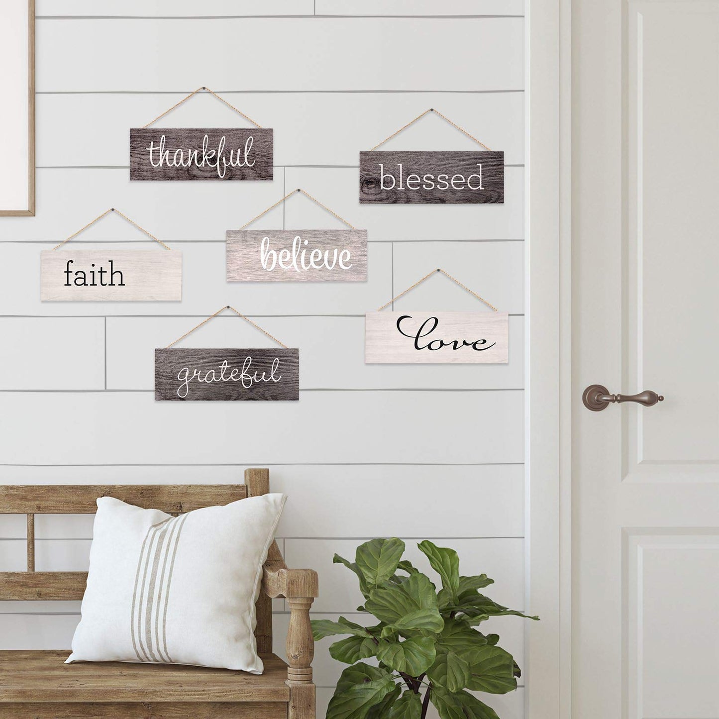 Excello Global Products Hanging Home Decor Sign with Sawtooth Hook and Jute Hanging Rope (Grateful, Love, Believe, Thankful, Faith, Blessed)