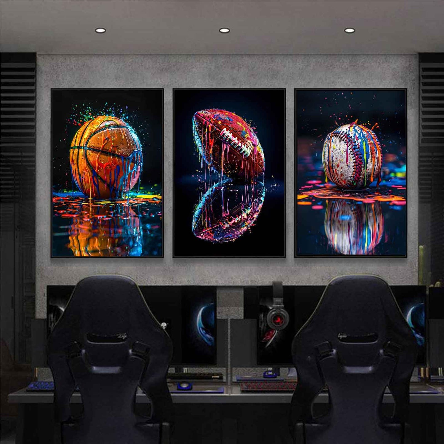 3Pcs Graffiti Sports Canvas Wall Art Boys Room Rustic Football Baseball Rugby Wall Decor Picture American Football Painting Posters Prints for Nursery Playroom Living Bedroom Decoration No Frames