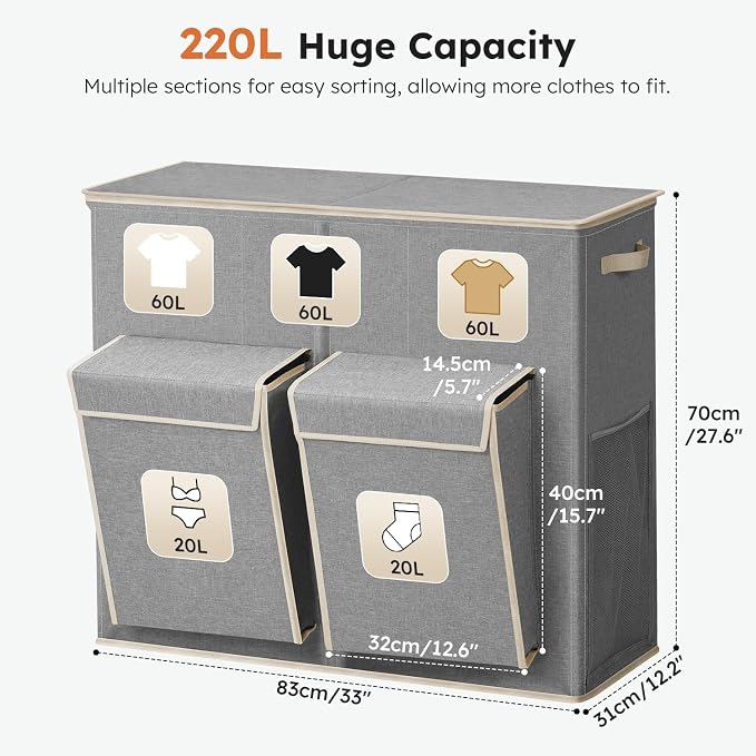 SOLEDI 220L Laundry Hamper 3 Section,Extra Large Laundry Basket with Lid and 2 Side Pockets, Dirty Clothes Hamper with Removable Bag Easy to Carry for Laundry Room, Bedroom, Bathroom, Grey