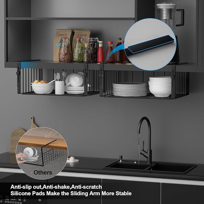 AmonHouseware 2Pack Under Shelf Basket Organizer,Adjustable Hanging Holder Storage for Cabinet Pantry Kitchen Cupboard Desk Counter Bookshelf Organization Add-on Space Saver Heavy Duty Slide-in,Black