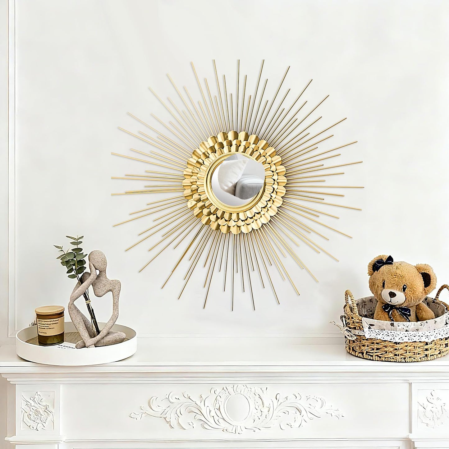 QuiltMuse Wall Decor Metal Sunburst Mirror for Living Room - Home Accent, Ready to Hang Bedroom Decoration