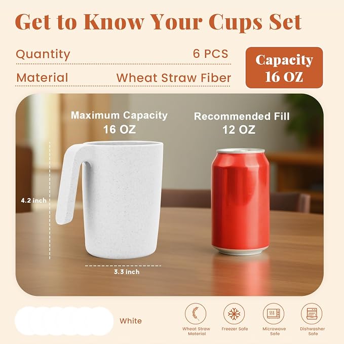 Homienly Coffee Mug Set - Wheat Straw Cups, Alternative to Plastic Coffee Cups Reusable | Unbreakable for Hot Chocolate, Tea, & Coffee | Microwave Safe, Dishwasher Safe Drinking Cups (White)