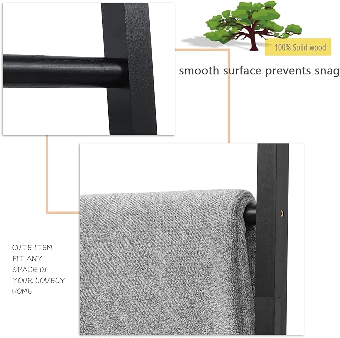 FUIN 6ft Wooden Black Blanket Ladder Living Room Decorative Wall Leaning Farmhouse Quilt Display Holder Rustic Wood Towel Rack for Bathroom