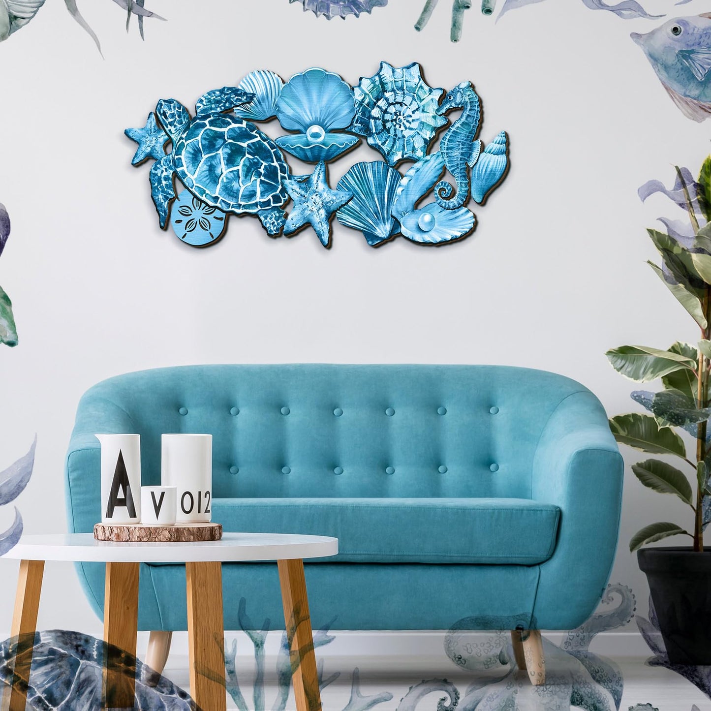 Qunclay Summer Ocean Themed Wall Decorations Sea Horse Shell Coastal Wood Sea Turtle Starfish Ocean Voyage Wall Hanging Decor for Home Pool Living Room Bedroom Outdoor Art, 15.8 Inch