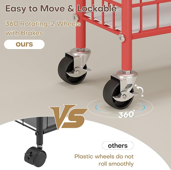 Slim Rolling Storage Cart, 6 Tier Metal Kitchen Rolling Utility Cart with Lockable Wheels for Kitchen, Bathroom, Laundry Room, Small Narrow Spaces (Red 10 Inches)