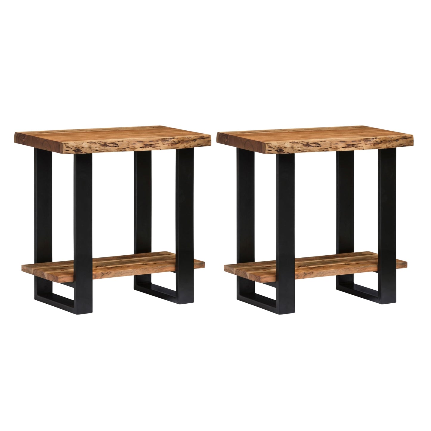 Alaterre Furniture Alpine Live Edge Modern End Table Set of 2-2-Tier Narrow Side Table Set with Open Storage Shelf - Solid Wood and Metal Modern Nightstands for Living Room or Bedroom (Natural)