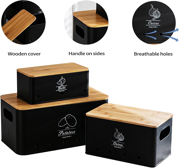 Potato Onion and Garlic Storage Bin Set of 3, Black Metal Kitchen Vegetable Canisters with Bamboo Lid and Aerating Holes, Stackable Kitchen Storage Tin for Countertop Pantry