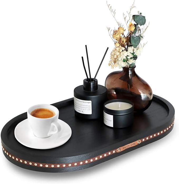 Decor Decorative Round Tray 11.81in for Home Decor for Coffee Table Farmhouse Kitchen Table Living Room Bathroom Centerpiece Tray Decor Oval Black