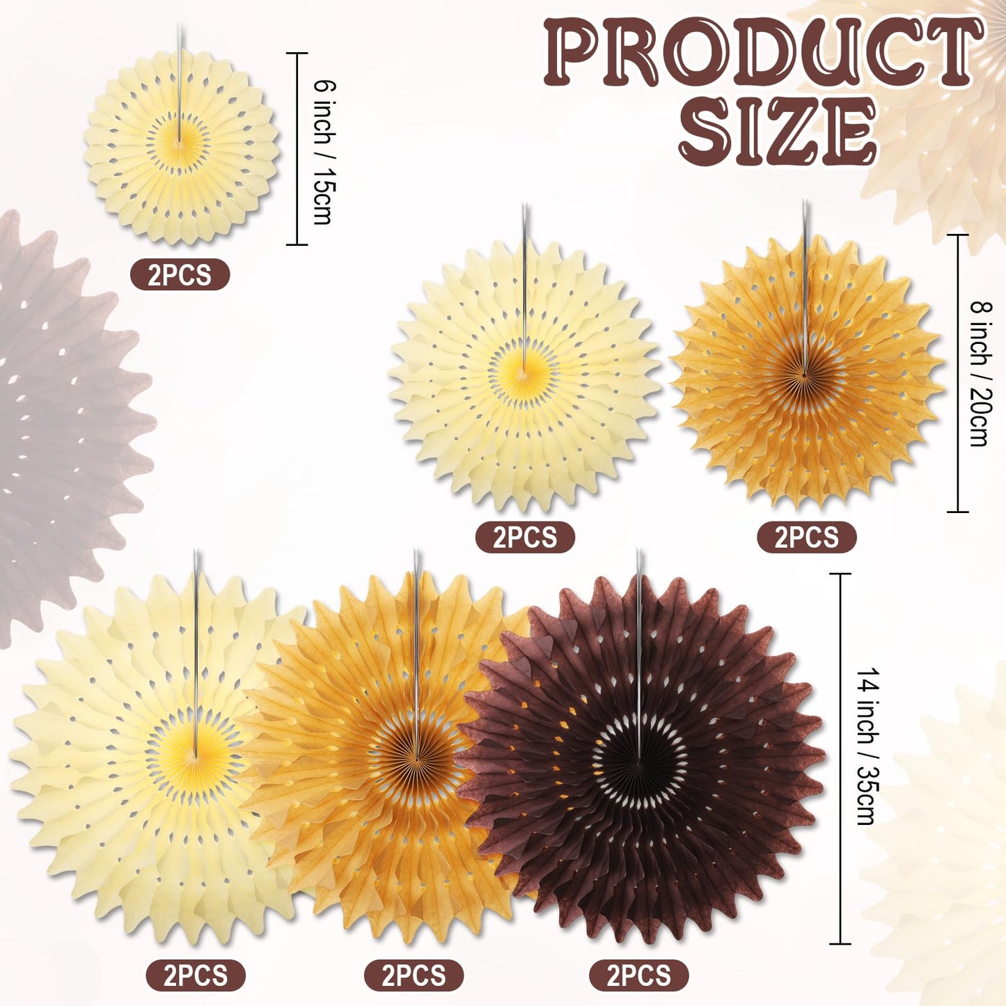 Outus 12 Pcs Hanging Honeycomb Paper Fans Sets, Fiesta Brown and Beige Party Decorations, Tissue Paper Flowers Supplies for Birthday Wall Classroom Wedding Photo Backdrop (14/8/6 Inch)