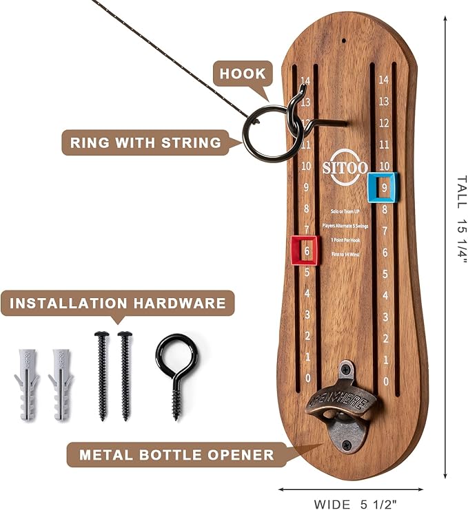 Ring Toss Game for Adults, Hook and Ring Game with String and Hooks for Indoor & Outdoor, Ring Hook Game with Bottle Opener, Gifts for Men