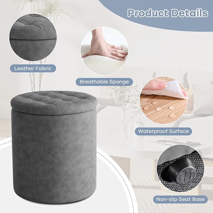 oakvivo 12.6" W x 14.17" H & 14.76" W x 17.32" H Storage Ottoman Foot Stool for Couch, Nesting Round Vanity Stools Padded Ottomen, Leather Set of 2 Footrest for Living Room,Grey