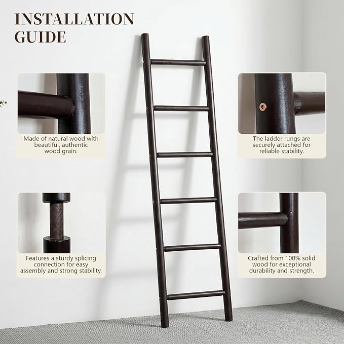 Wooden Blanket Ladder - 76in Natural Wood Color- Leaning Wall Decor for Bedroom, Bathroom, Living Room - Rustic Quilt Holder (Dark Walnut, 76in | Knock Down)
