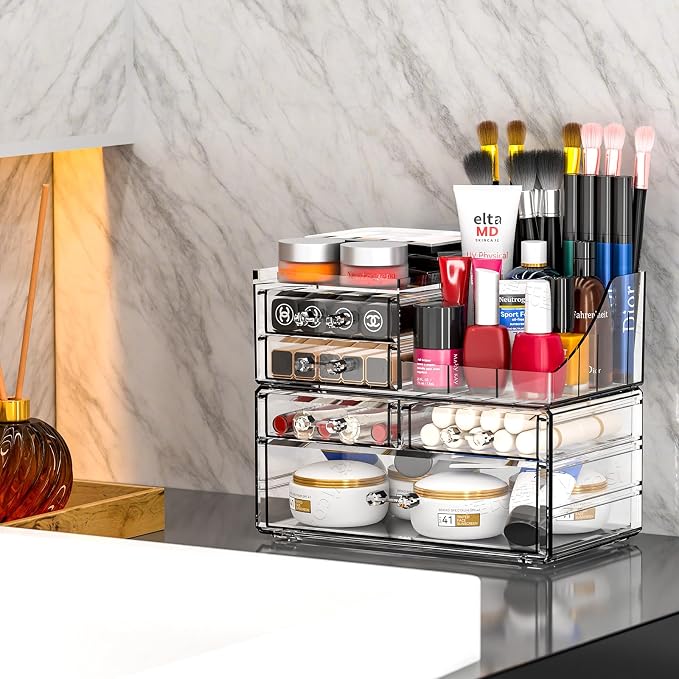 SUOXING Clear Acrylic Makeup Organizer for Vanity,Bathroom,Dresser,5 Drawer Make up Organizers for Counter,Plastic Countertop Makeup Storage for Beauty,Hair Accessory,Brush,Cosmetic,Skincare Organizer
