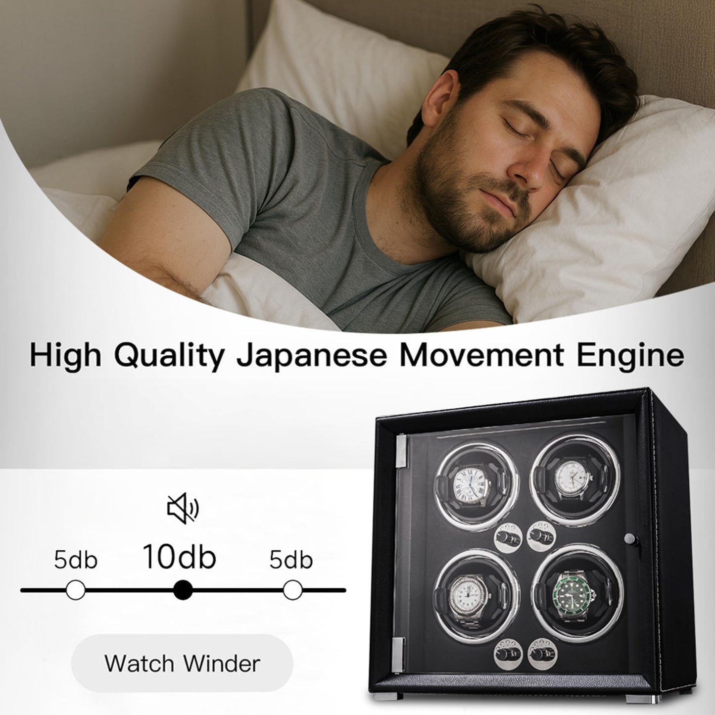 KOHUDIS Watch Winder for 2/4/6/9 Automatic Watches, high-end Leather Making, Super Quiet Mabuchi Motor, Two Power Modes, Built-in led Lights (Black, 6 Slots)