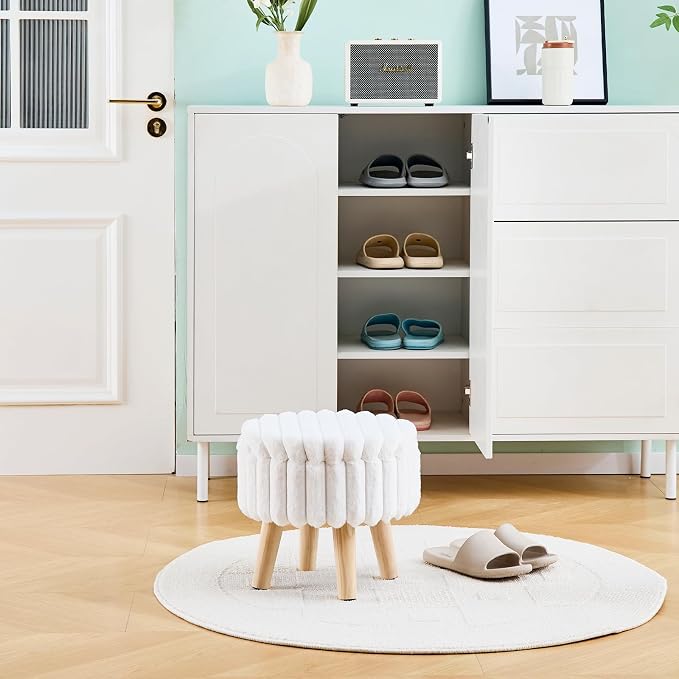Wimarsbon Storage Ottoman, Modern Round Footrest with Soft Padded Seat, Teddy Velvet Footstool with Wood Legs, Accent Small Table or Plant Stand for Hallway, Living Room (White)