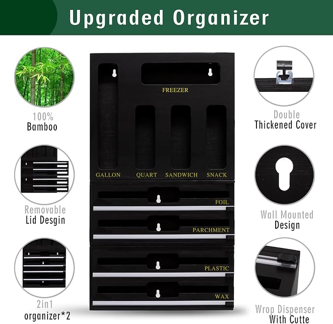 9 In 1 Storage Bag Organizer And Plastic Wrap Dispenser With Cutter, Bamboo Foil and Plastic Wrap Organizer