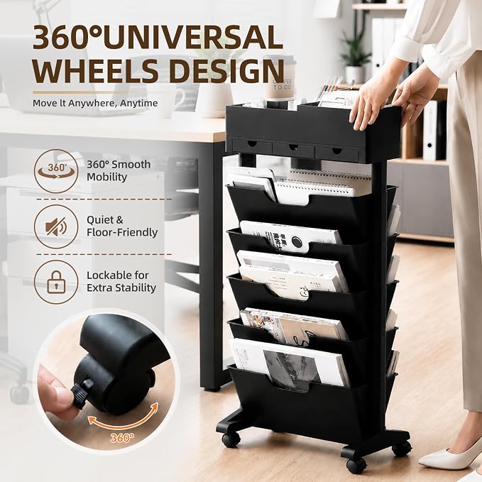 5 Tier Rolling Utility Cart Multi-Functional Movable Storage Book Shelves with Lockable Casters for Study Office Kitchen Classroom, White (Black, with Wheel)