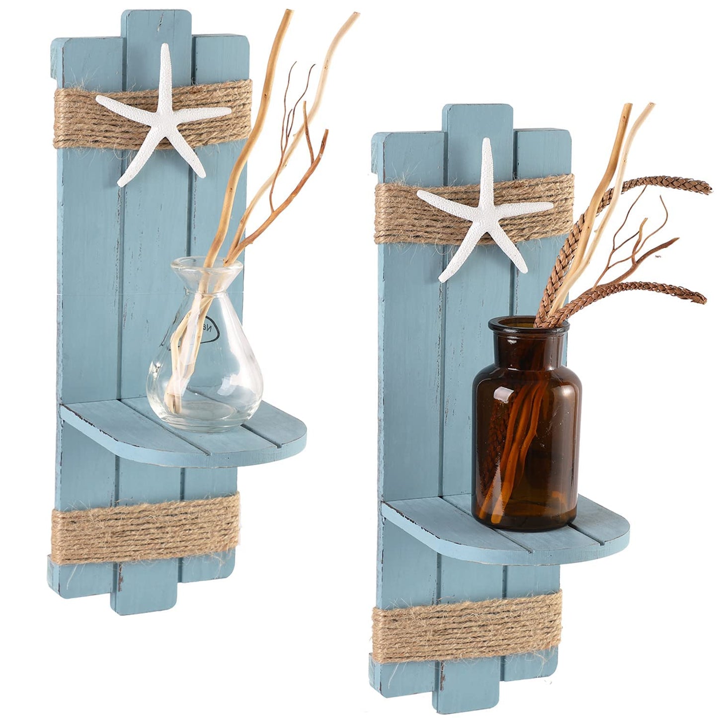 SOMTO Beach Starfish Wall Candle Sconces Decor,Ocean Themed Wall-Mount Candle Holders, Coastal Farmhouse Nautical Rustic Decorations for Bathroom, Living Room, Dining Room and Office, Set of 2