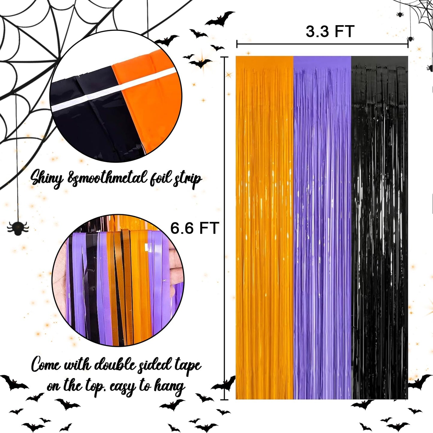 3 Packs 3.3ft x 6.6ft Orange Purple Black Metallic Tinsel Foil Fringe Curtains Photo Booth Props for Halloween Birthday Bridal Shower Baby Shower Bachelorette Holiday Celebration Party Decorations