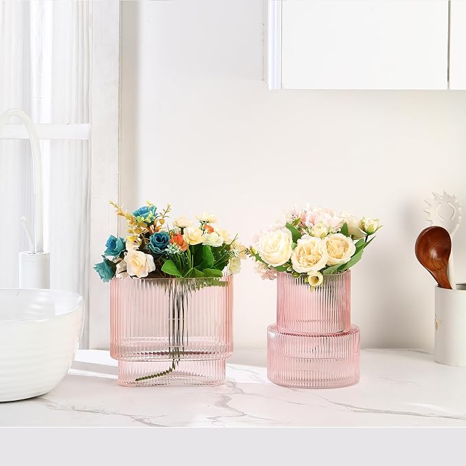 Pink Glass Vases, Set of 2 Ribbed Vases for Flowers, Pink Vase for Tulips, Modern Glass Vase for Living Room, Dining Table, Office, Entryway, Mantle, Bookshelf, Wedding Gifts