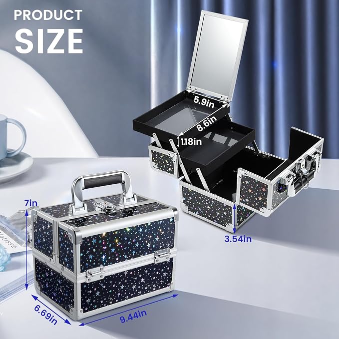 Joligrace Makeup Train Case Portable Cosmetic Box 2 Trays with Mirror Lockable for Makeup Nail Tech and Beauticians Traveling Makeup Storage Organizer - Black Star