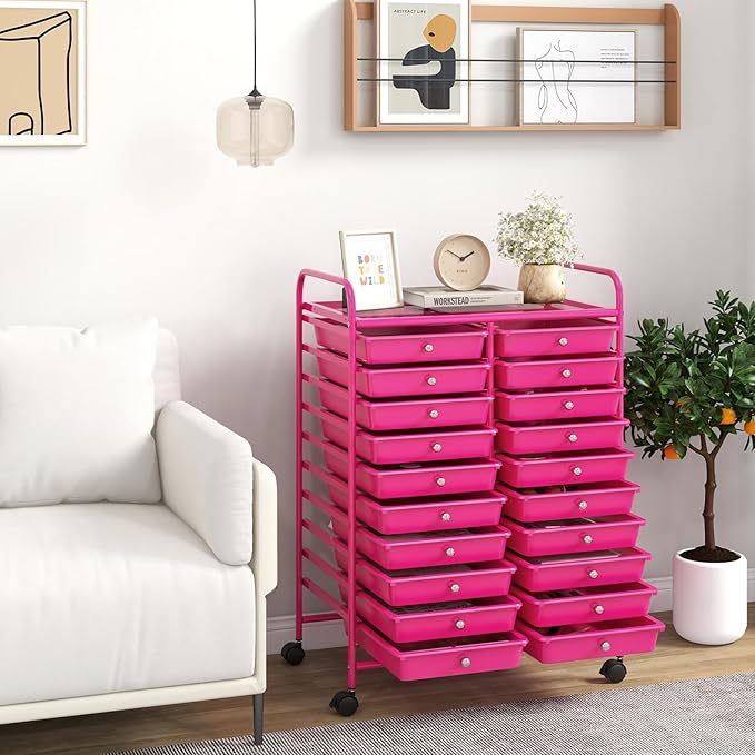 Giantex 20 Drawers Rolling Cart, Mobile Storage Drawer Cart, Classroom Organizer for Office School Supplies Teacher Tools Scrapbook Paper Craft Small Printer, Utility Stand on Wheels, Hot Pink